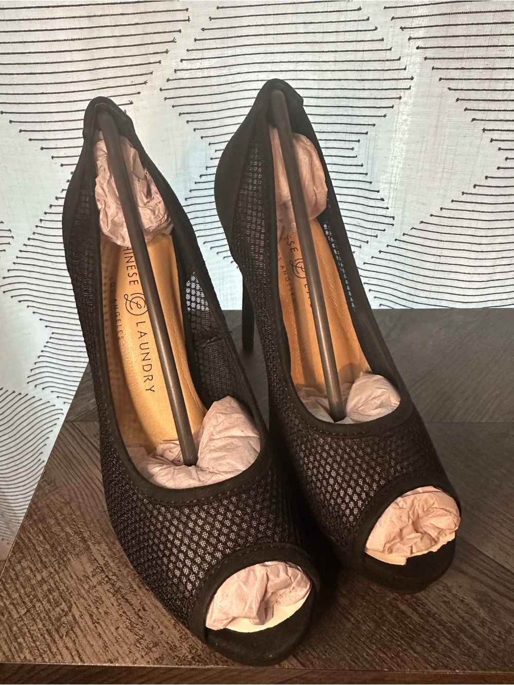 Chinese Laundry Black Mesh Peep-Toe Heels